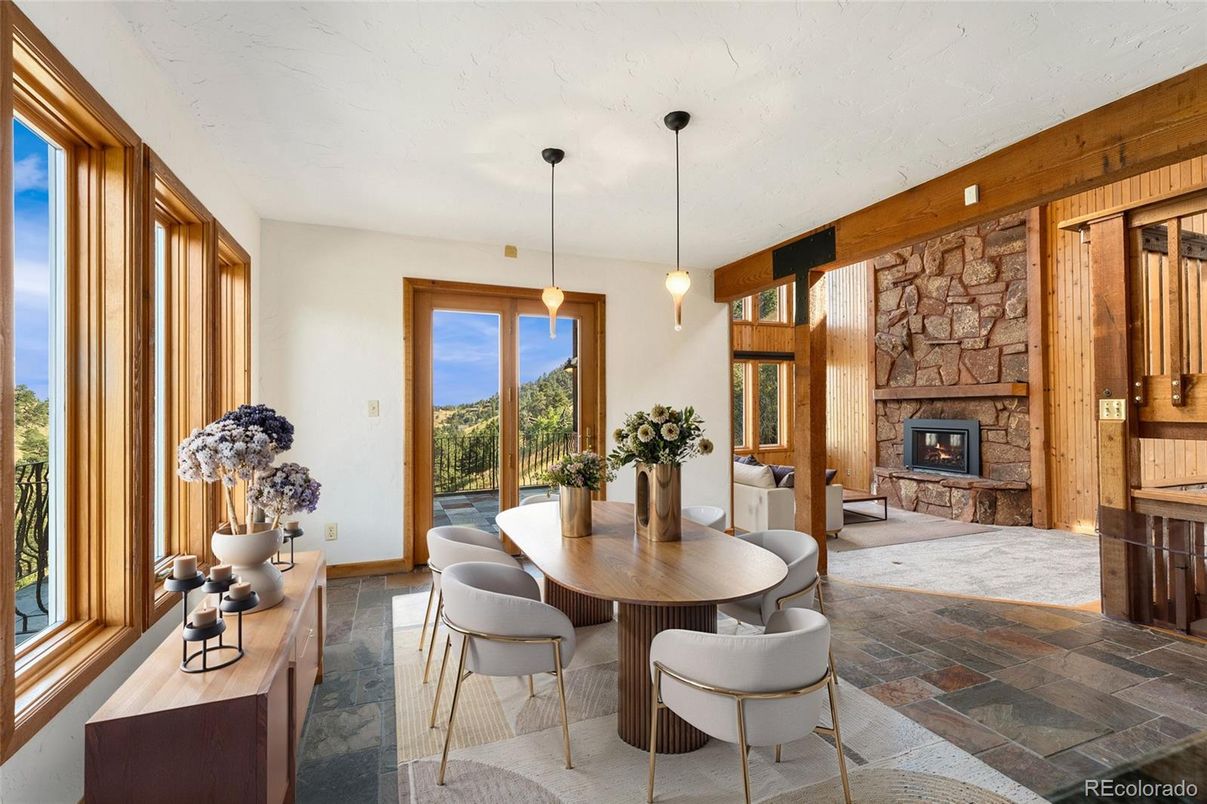 Dining room, Fireplace, Interior, Pendant Lights, Stone Walls
