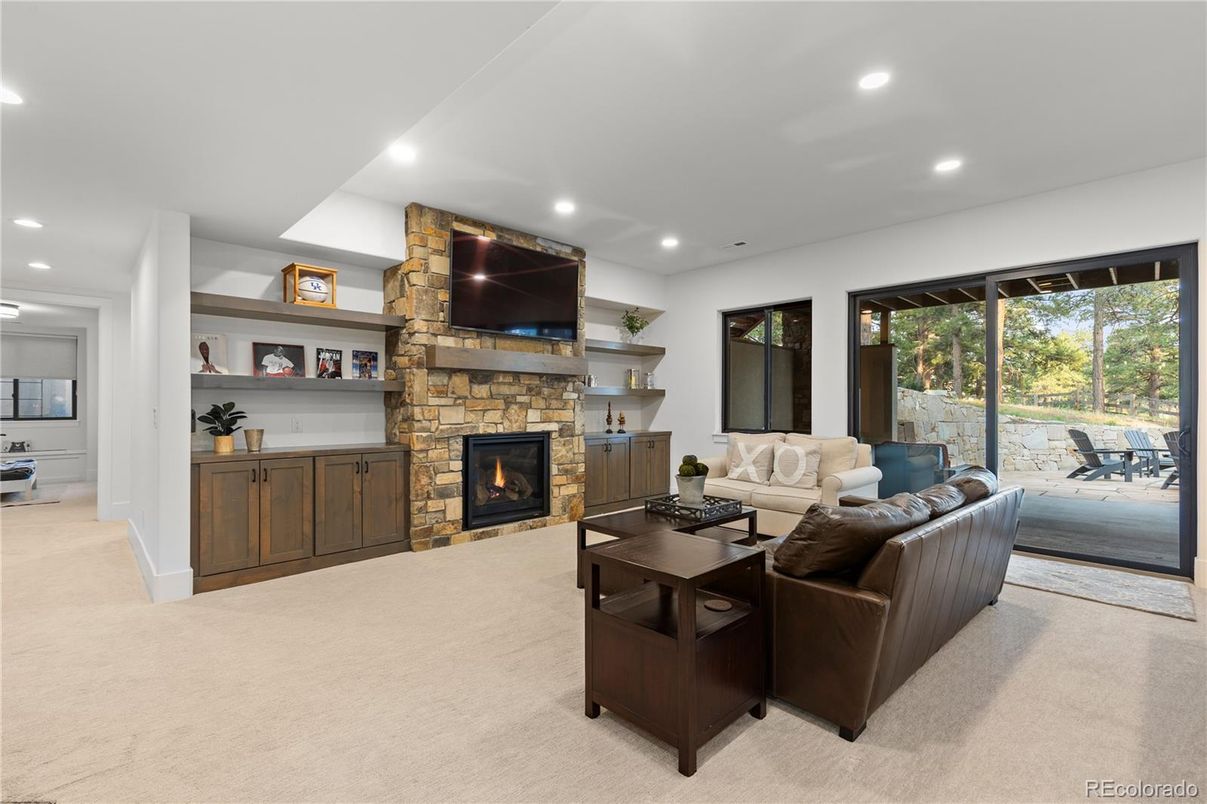 Fireplace, Interior, Living room, Recessed Lighting, Stone Walls