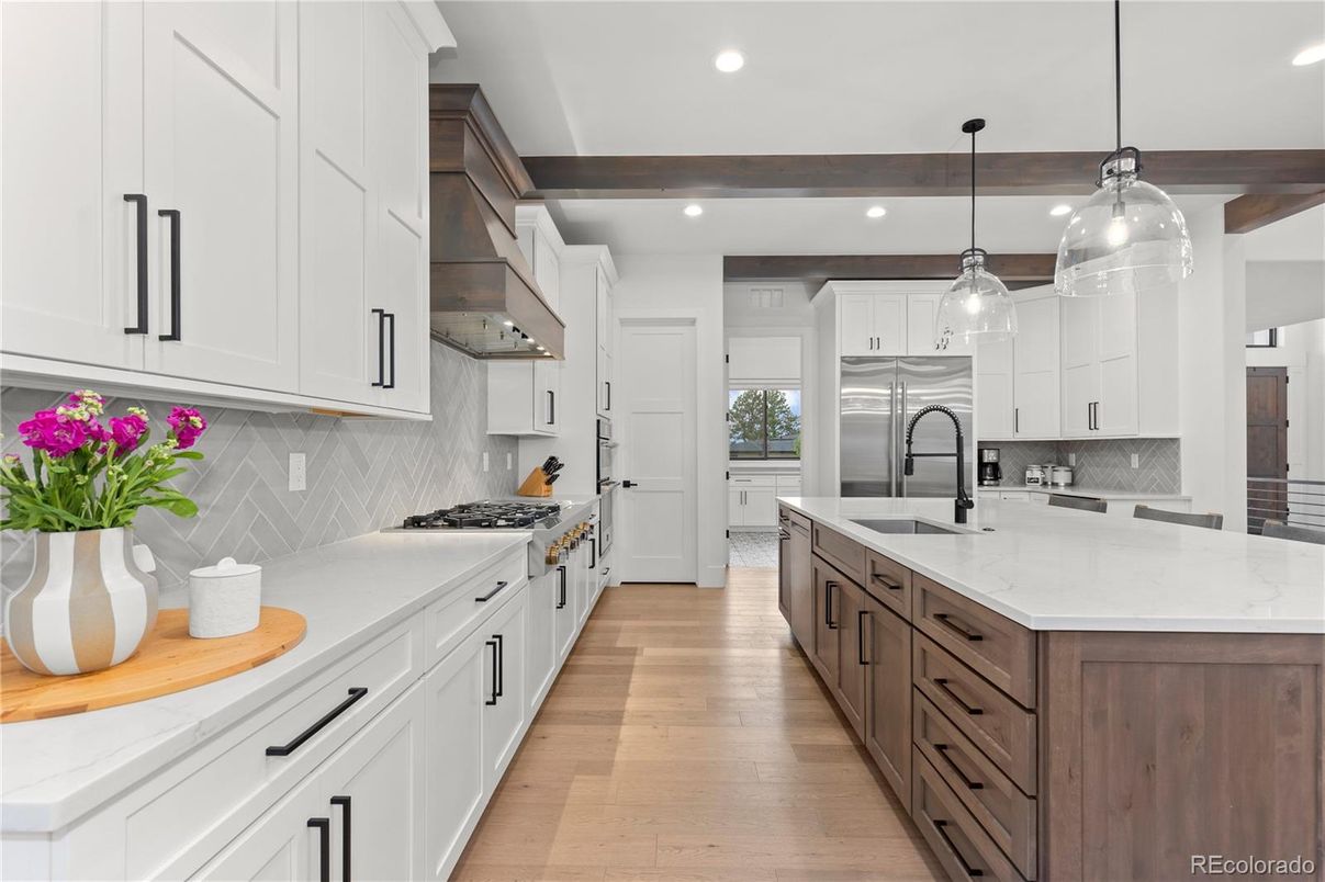 Interior, Kitchen, Pendant Lights, Recessed Lighting, Stainless Steel Appliances, Wooden Beams, Wood Texture Flooring
