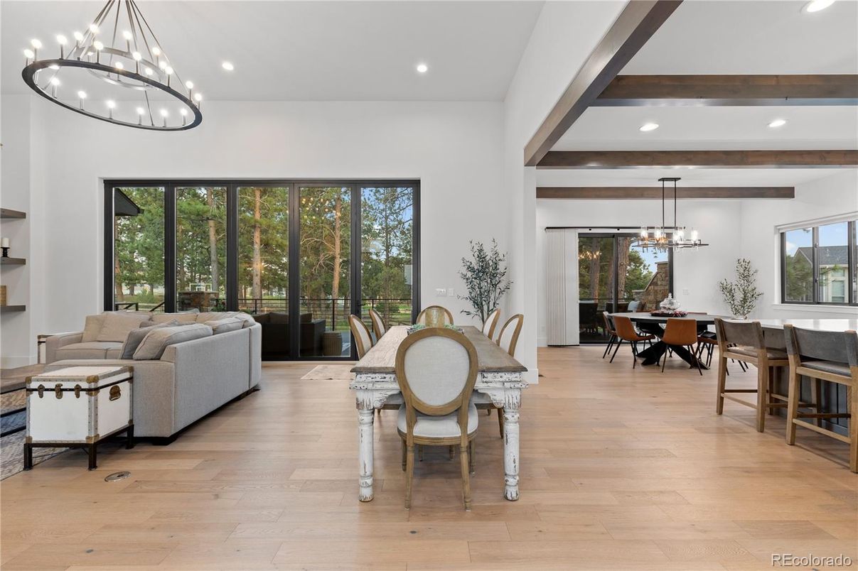 Chandelier, Dining room, Interior, Living room, Pendant Lights, Recessed Lighting, Wooden Beams, Wood Texture Flooring