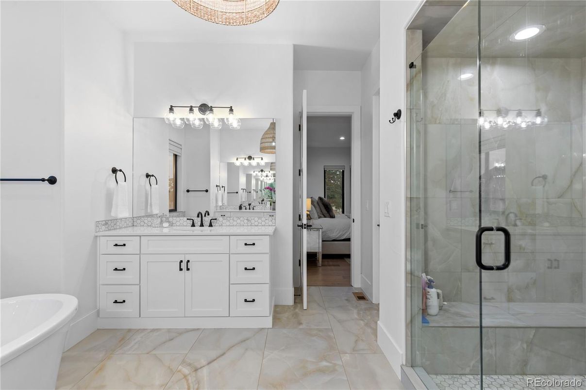 Bathroom, Dual Sink Vanities, Glass Shower, Interior, Recessed Lighting