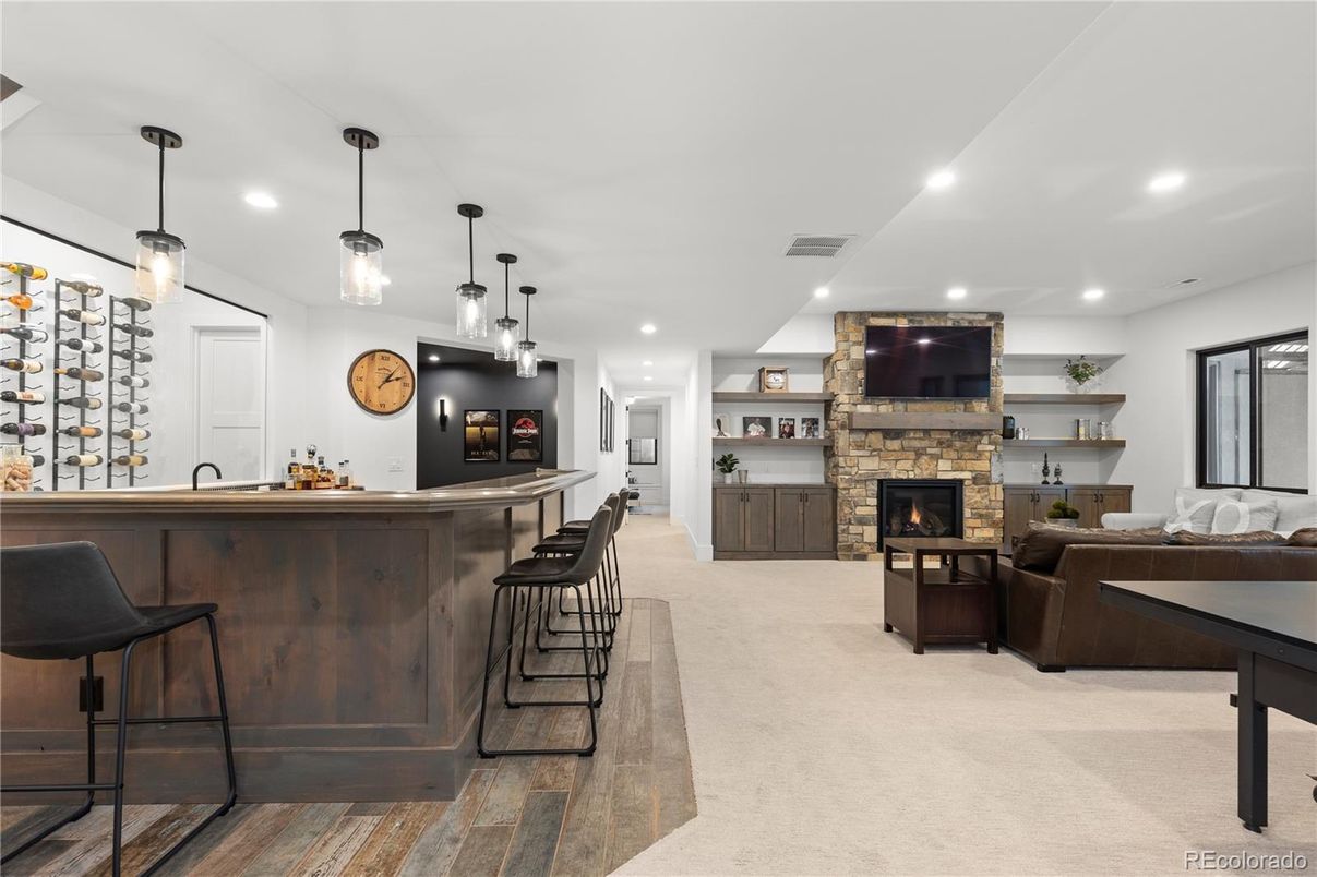 Fireplace, Interior, Pendant Lights, Recessed Lighting, Wood Texture Flooring