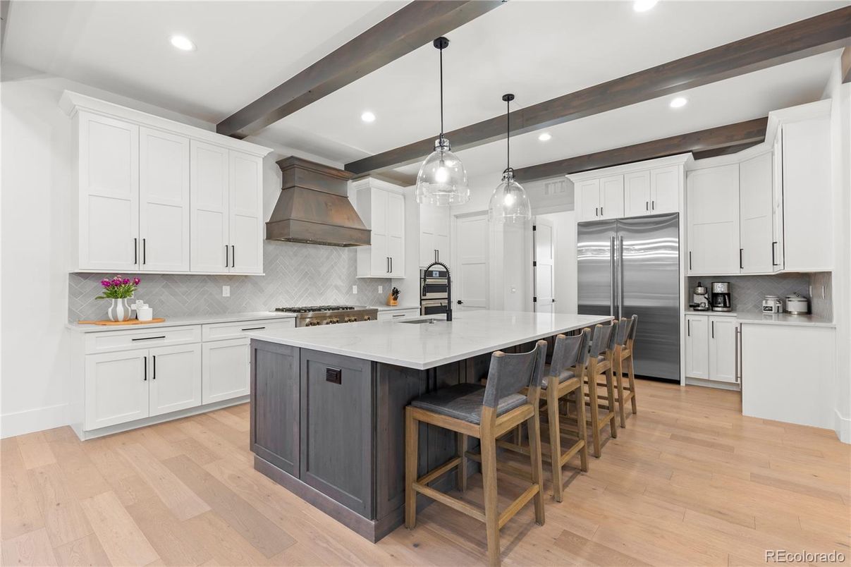 Interior, Kitchen, Pendant Lights, Recessed Lighting, Stainless Steel Appliances, Wooden Beams, Wood Texture Flooring