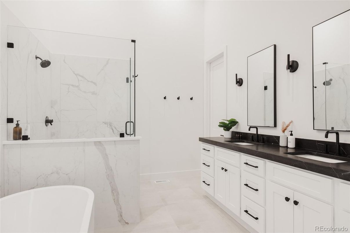 Bathroom, Dual Sink Vanities, Free Standing Baths, Glass Shower, Interior, Marble Walls