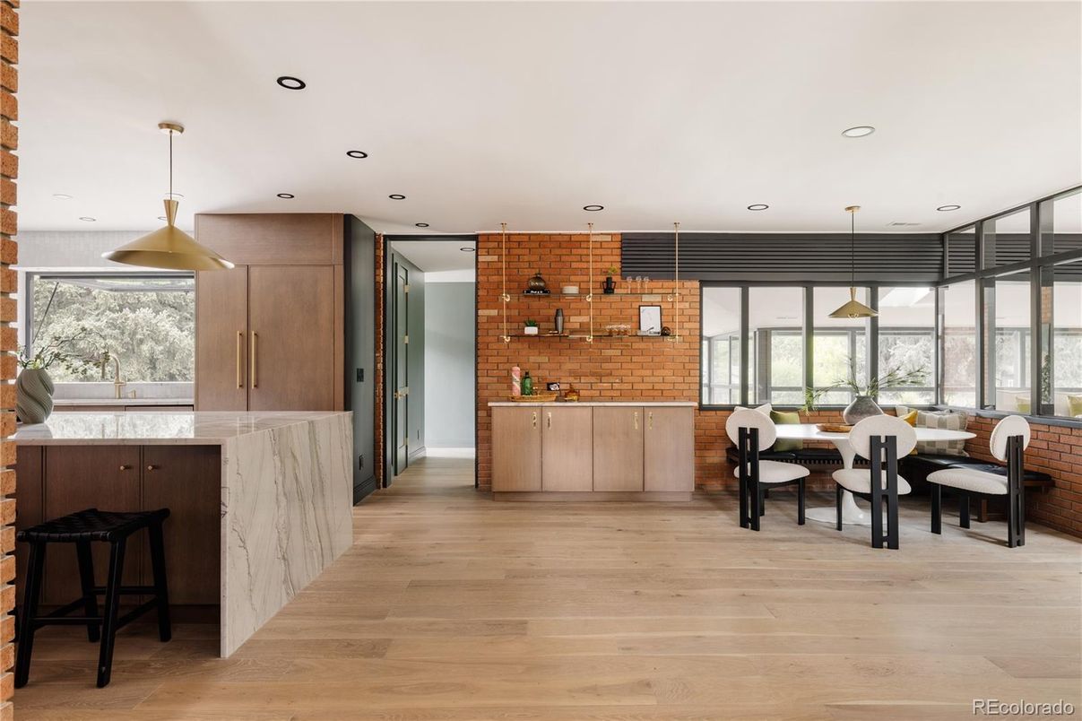 Dining room, Interior, Kitchen, Pendant Lights, Recessed Lighting, Stone Walls, Wood Texture Flooring