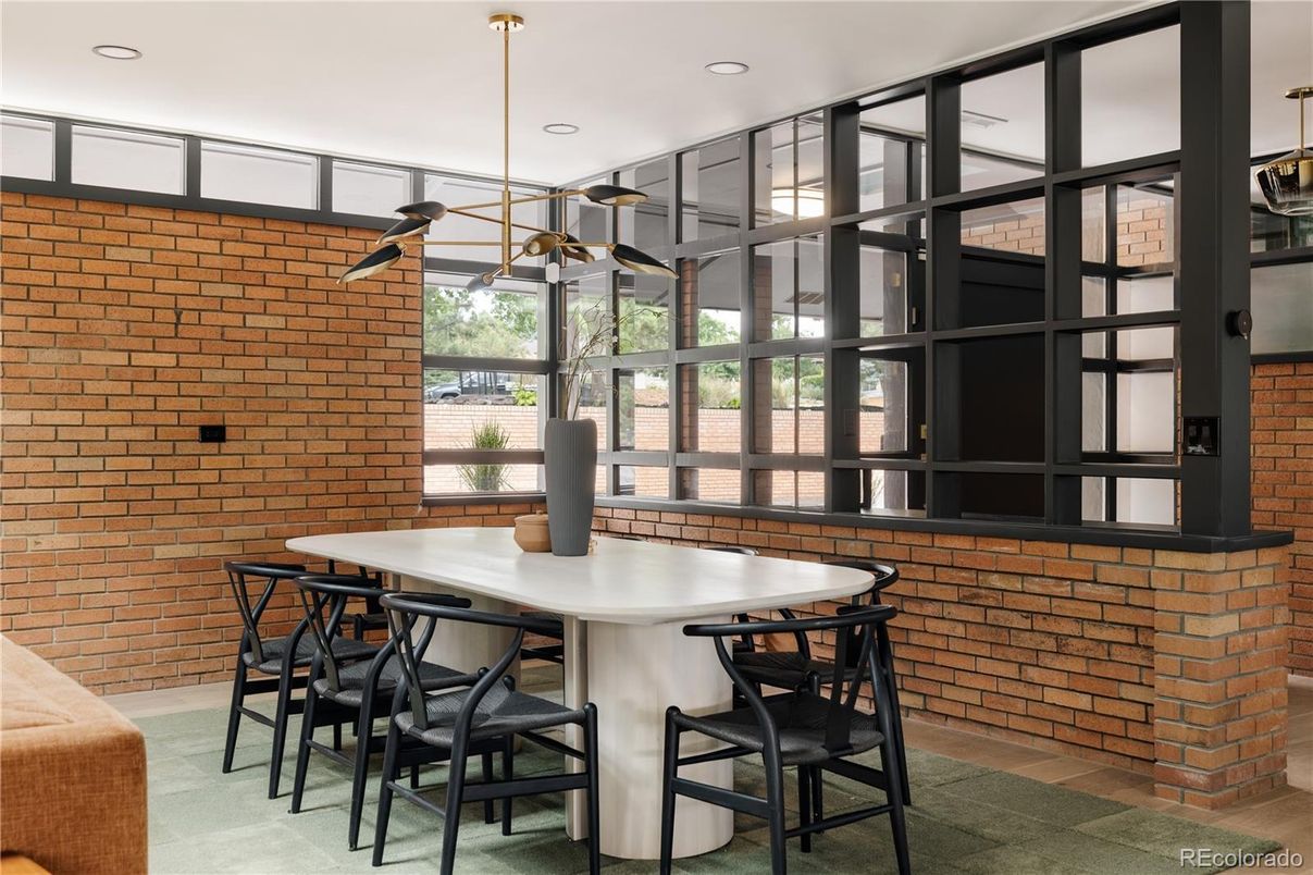 Dining room, Interior, Pendant Lights, Recessed Lighting, Stone Walls