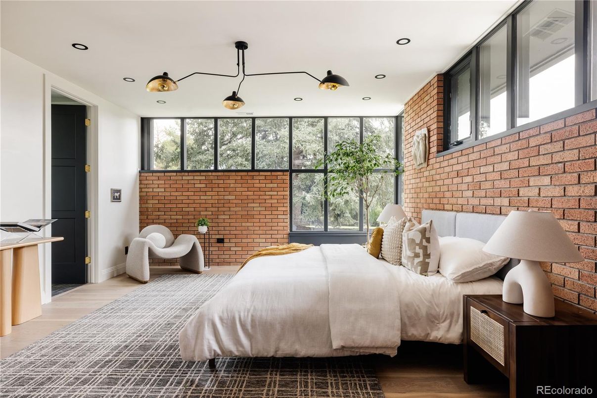 Bedroom, Interior, Recessed Lighting, Stone Walls, Wood Texture Flooring