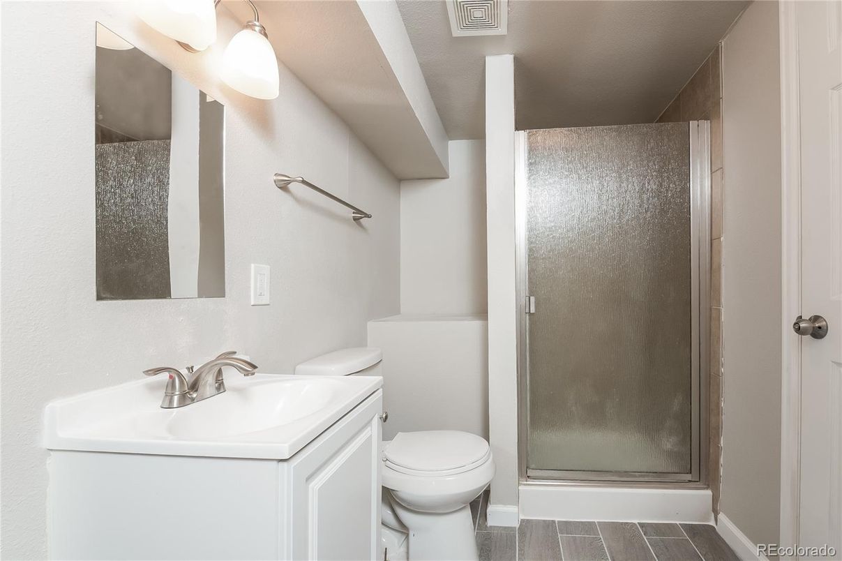 Bathroom, Glass Shower, Interior, Wood Texture Flooring