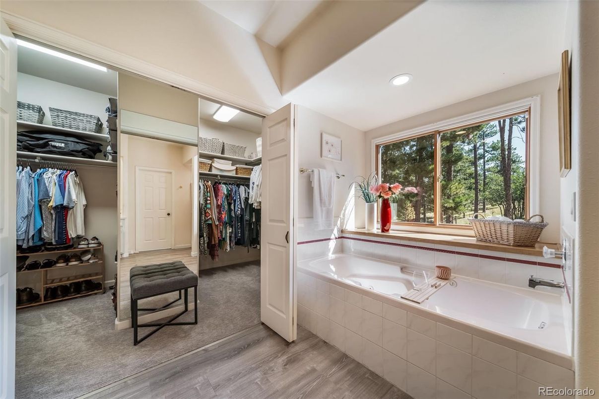 Bathroom, Interior, Recessed Lighting, Walk-in Closets, Wood Texture Flooring