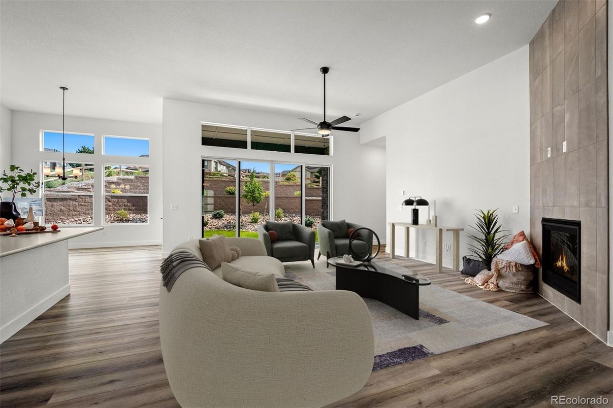 Fireplace, Interior, Living room, Pendant Lights, Recessed Lighting, Wood Texture Flooring