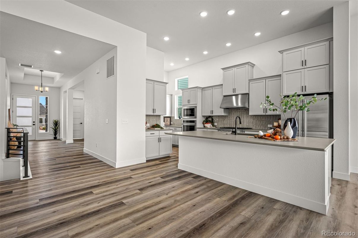Interior, Kitchen, Pendant Lights, Recessed Lighting, Stainless Steel Appliances, Wood Texture Flooring
