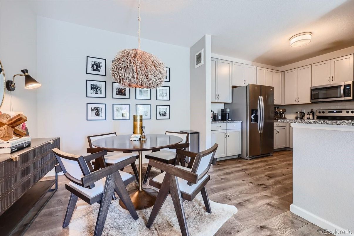 Dining room, Interior, Kitchen, Pendant Lights, Wood Texture Flooring