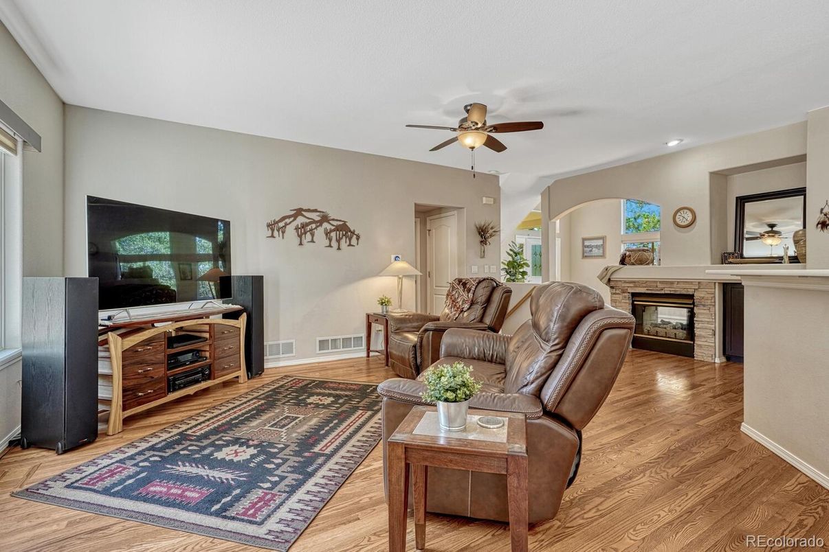 Fireplace, Interior, Living room, Recessed Lighting, Wood Texture Flooring