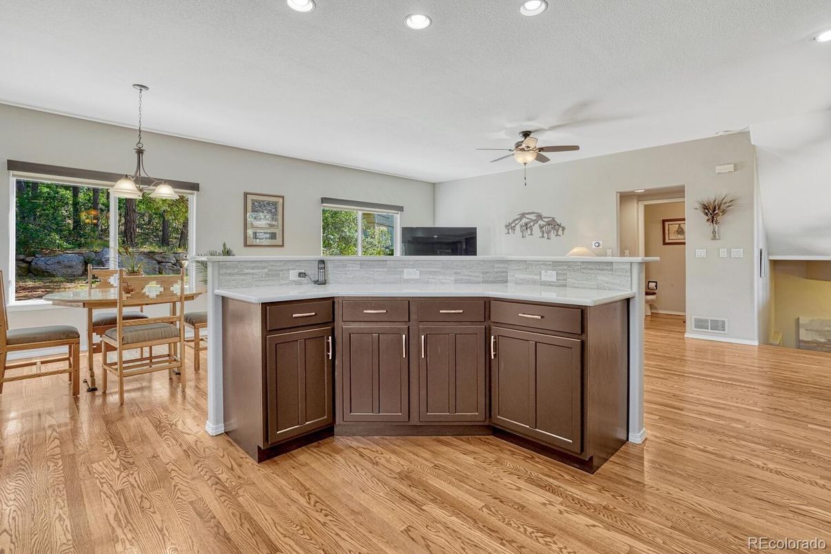 Dining room, Interior, Pendant Lights, Recessed Lighting, Wood Texture Flooring
