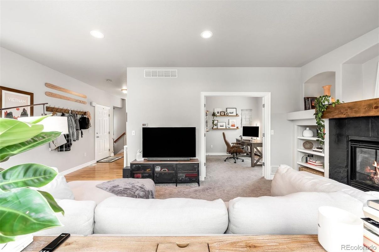Fireplace, Interior, Living room, Recessed Lighting, Wood Texture Flooring