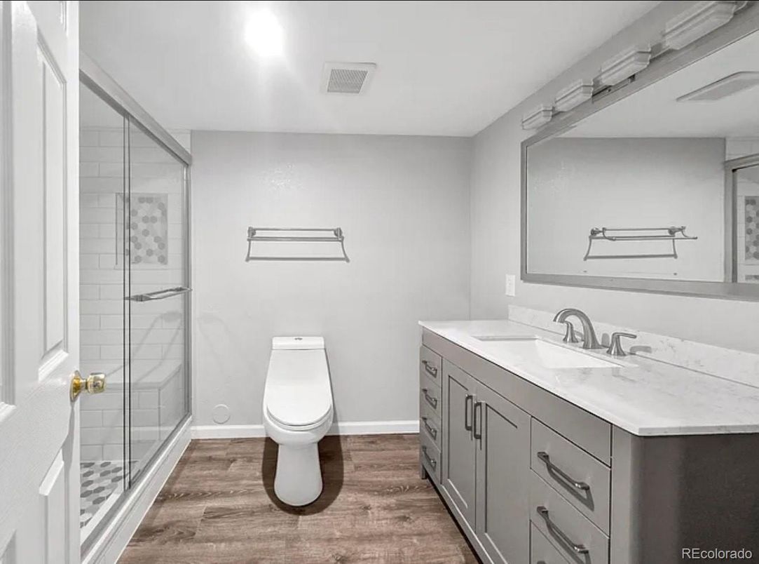 Bathroom, Glass Shower, Interior, Recessed Lighting, Wood Texture Flooring