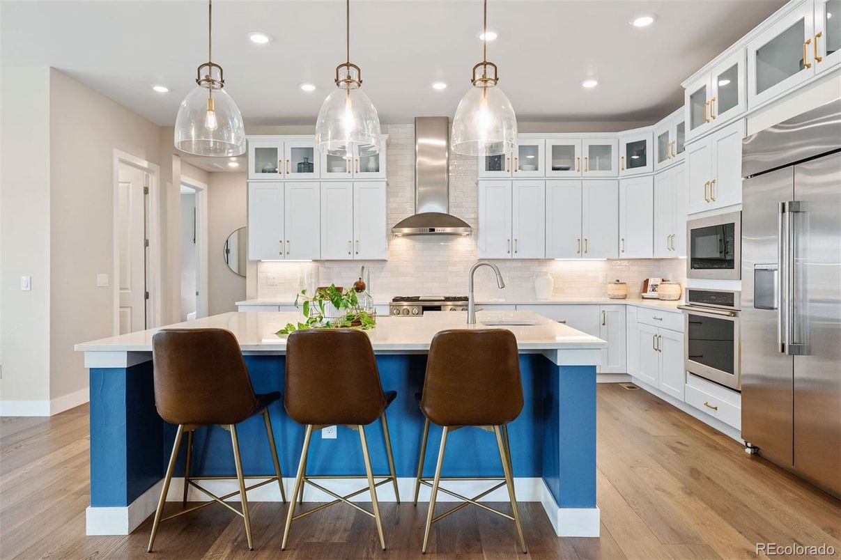 Interior, Kitchen, Pendant Lights, Recessed Lighting, Stainless Steel Appliances, Wood Texture Flooring