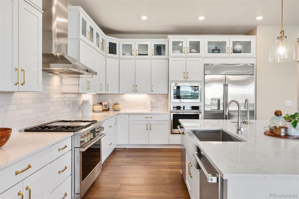 Interior, Kitchen, Pendant Lights, Recessed Lighting, Stainless Steel Appliances, Wood Texture Flooring