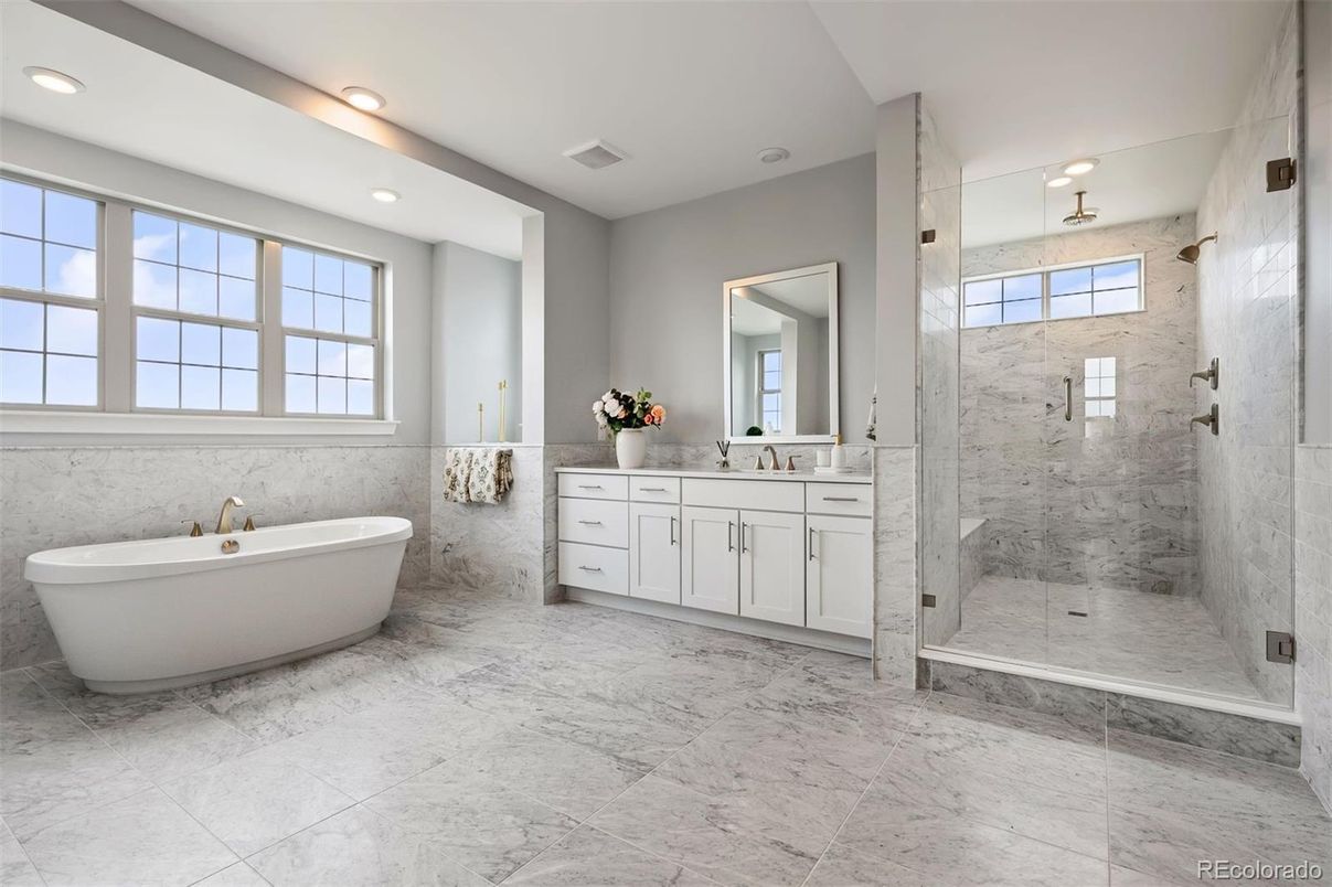 Bathroom, Dual Sink Vanities, Free Standing Baths, Glass Shower, Interior, Marble, Marble Walls, Recessed Lighting