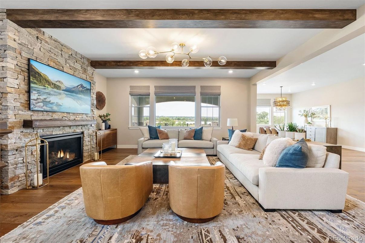 Fireplace, Interior, Living room, Pendant Lights, Recessed Lighting, Stone Walls, Wooden Beams, Wood Texture Flooring