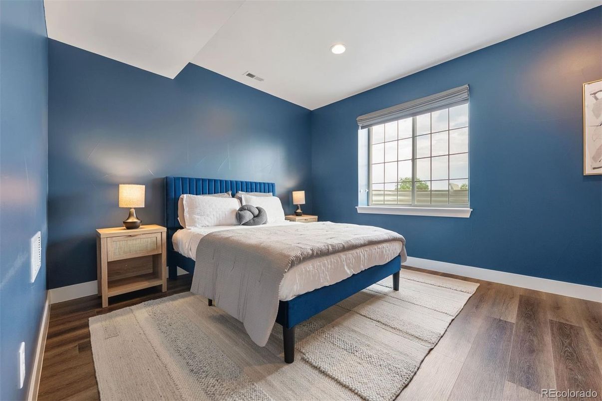 Bedroom, Interior, Recessed Lighting, Wood Texture Flooring