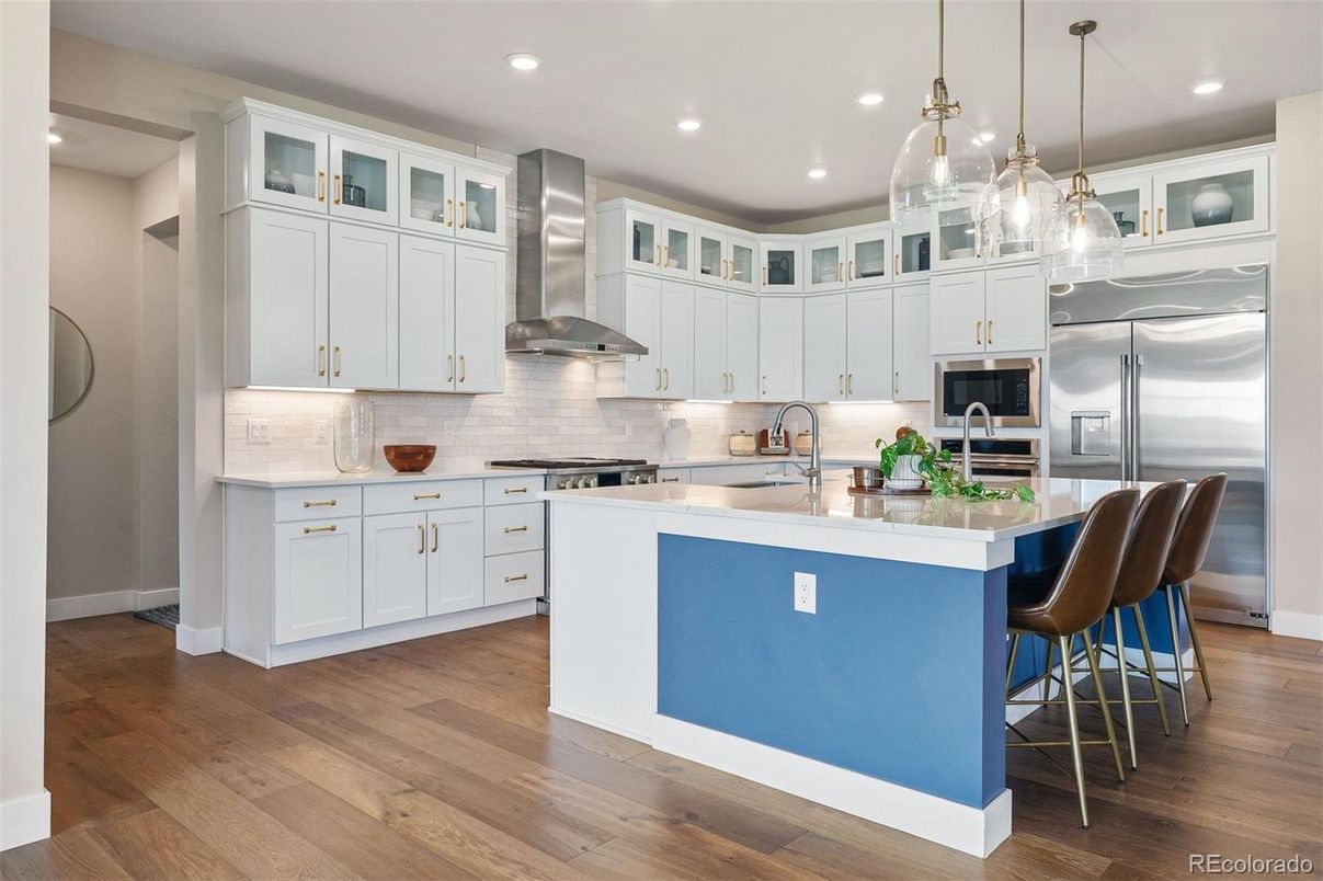 Interior, Kitchen, Pendant Lights, Recessed Lighting, Stainless Steel Appliances, Wood Texture Flooring