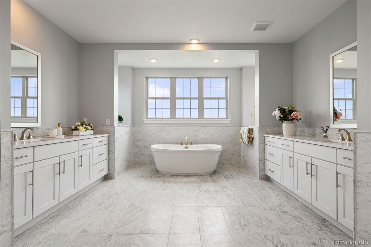 Bathroom, Dual Sink Vanities, Free Standing Baths, Interior, Marble, Recessed Lighting