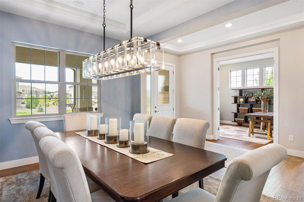 Chandelier, Dining room, Interior, Pendant Lights, Recessed Lighting, Wood Texture Flooring