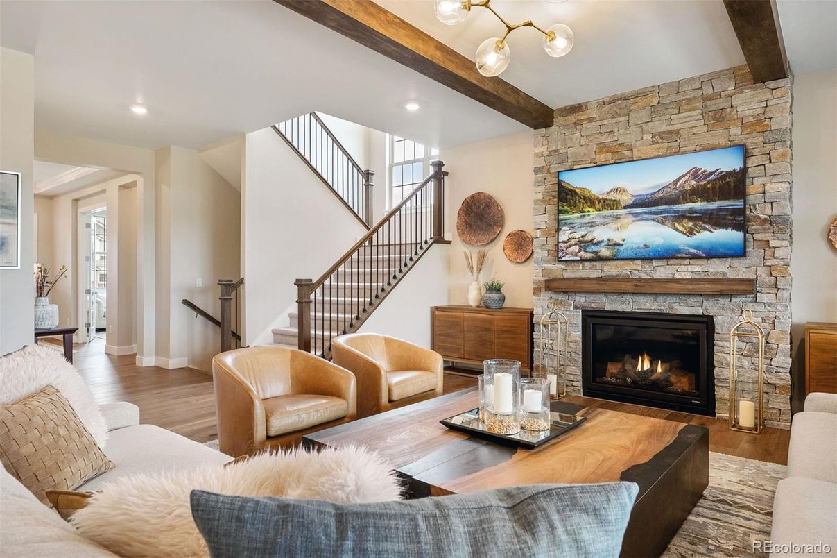 Fireplace, Interior, Living room, Recessed Lighting, Stone Walls, Wooden Beams, Wood Texture Flooring