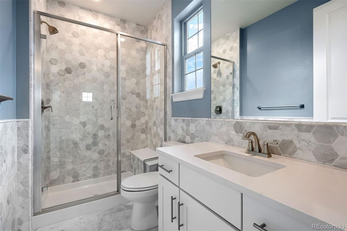 Bathroom, Glass Shower, Interior, Marble, Recessed Lighting