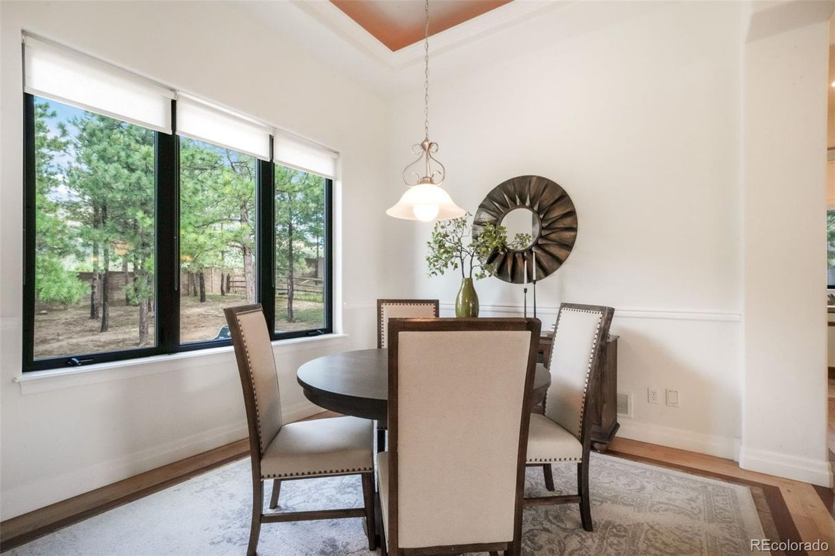 Dining room, Interior, Pendant Lights, Wood Texture Flooring