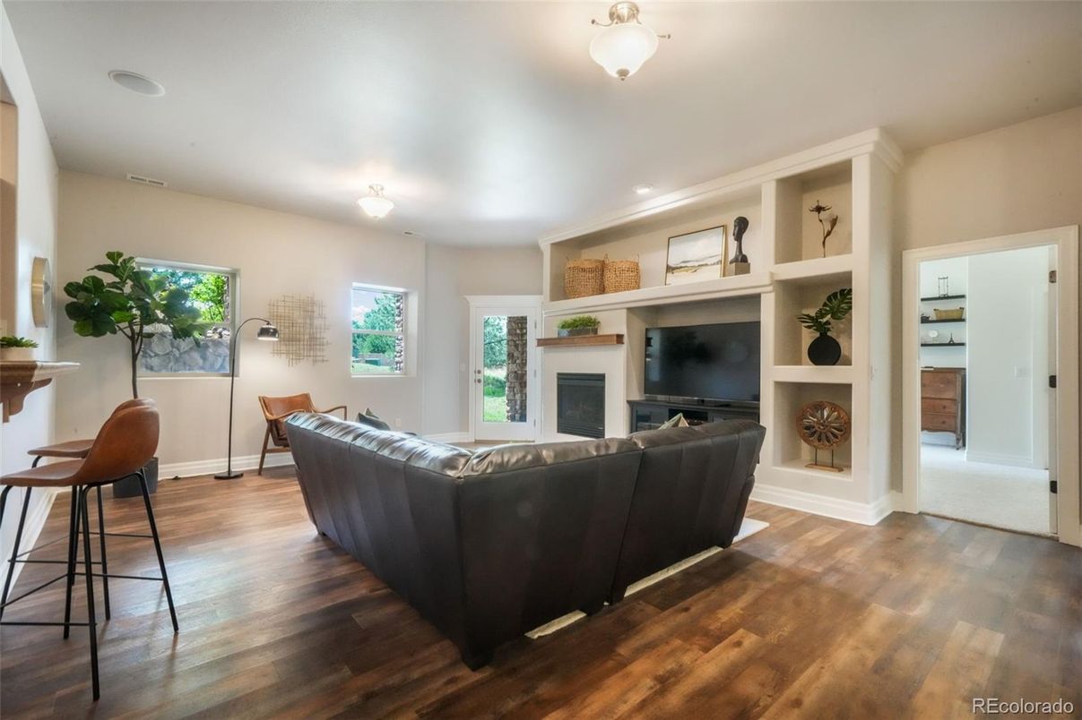 Fireplace, Interior, Living room, Recessed Lighting, Wood Texture Flooring