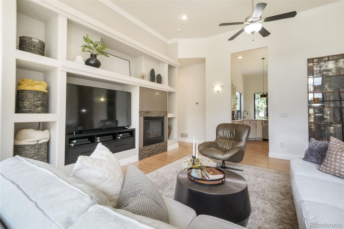 Fireplace, Interior, Living room, Recessed Lighting, Wood Texture Flooring