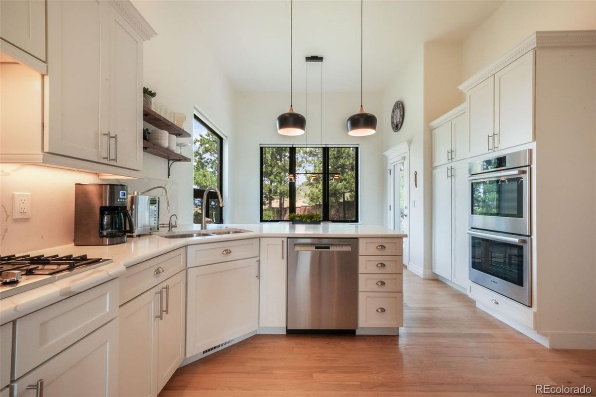 Interior, Kitchen, Pendant Lights, Stainless Steel Appliances, Wood Texture Flooring
