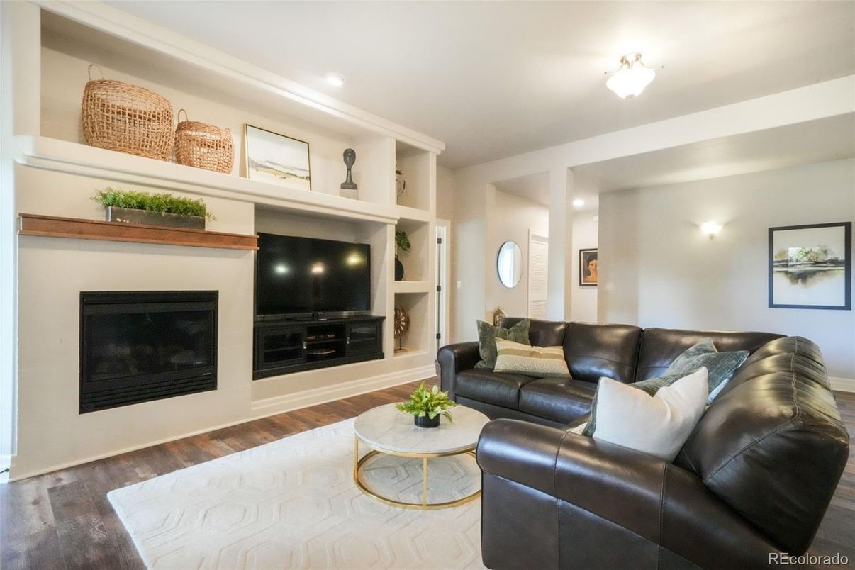 Fireplace, Interior, Living room, Recessed Lighting, Wood Texture Flooring