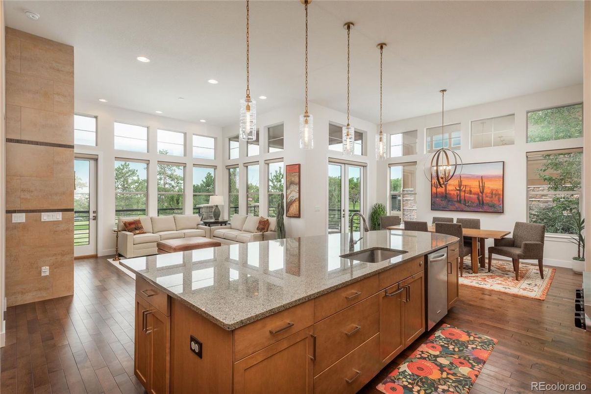 Dining room, Interior, Kitchen, Living room, Pendant Lights, Recessed Lighting, Wood Texture Flooring