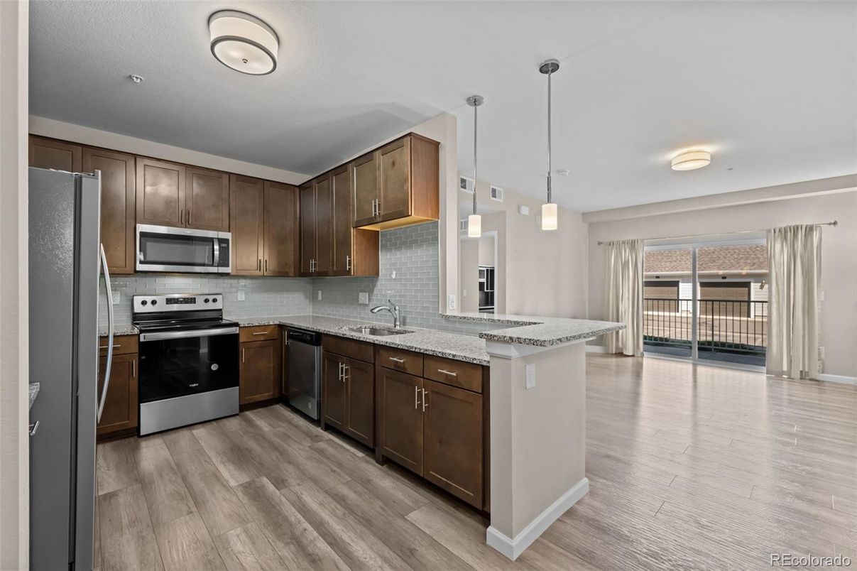 Interior, Kitchen, Pendant Lights, Stainless Steel Appliances, Wood Texture Flooring