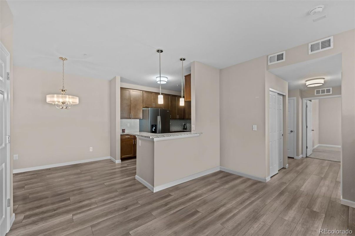 Interior, Kitchen, Pendant Lights, Wood Texture Flooring