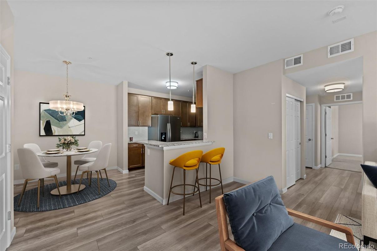 Dining room, Interior, Kitchen, Pendant Lights, Wood Texture Flooring
