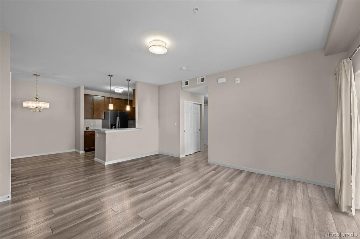 Chandelier, Empty room, Interior, Kitchen, Pendant Lights, Wood Texture Flooring