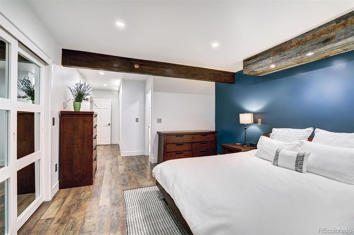 Bedroom, Interior, Recessed Lighting, Wooden Beams, Wood Texture Flooring