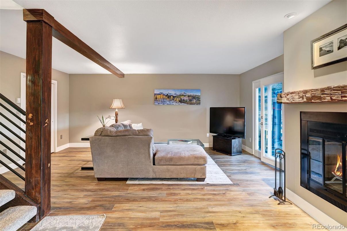 Fireplace, Interior, Living room, Recessed Lighting, Wood Texture Flooring