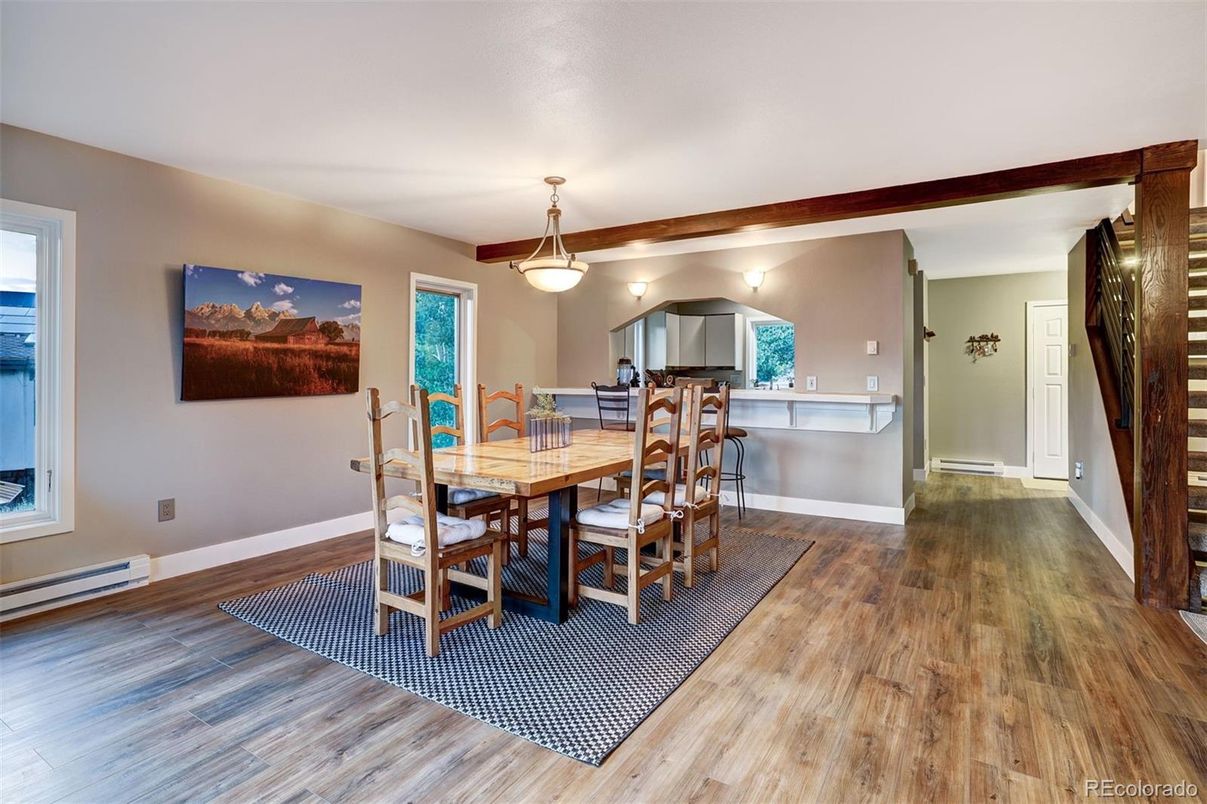 Dining room, Interior, Pendant Lights, Wood Texture Flooring