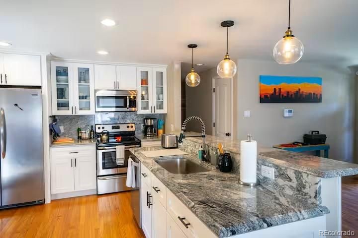 Interior, Kitchen, Pendant Lights, Recessed Lighting, Stainless Steel Appliances, Wood Texture Flooring