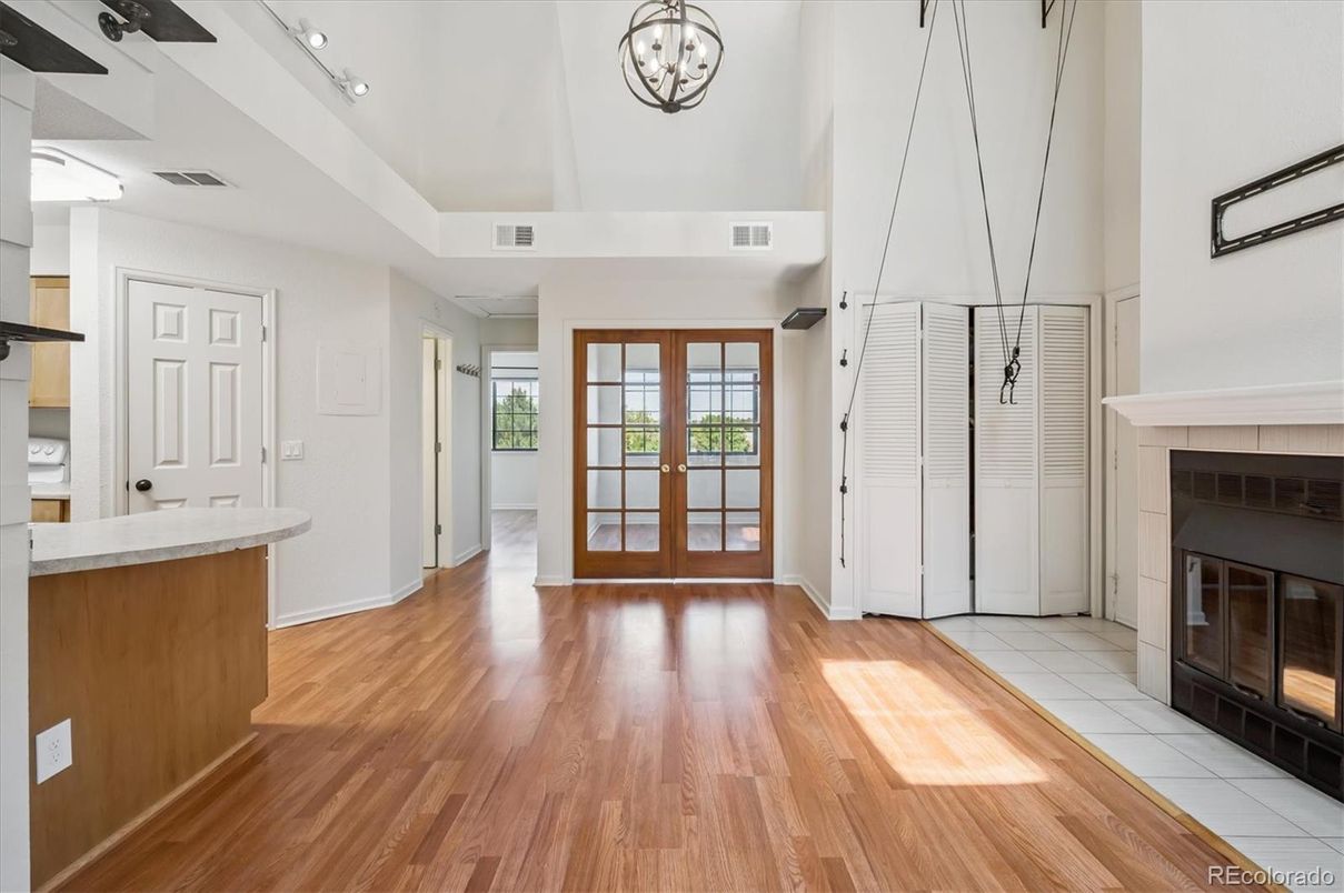 Fireplace, Interior, Pendant Lights, Wood Texture Flooring