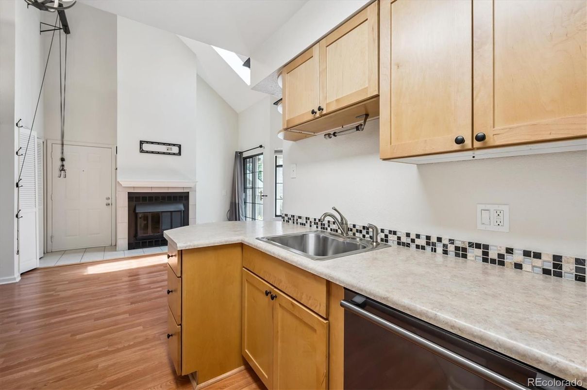 Fireplace, Interior, Kitchen, Wood Texture Flooring