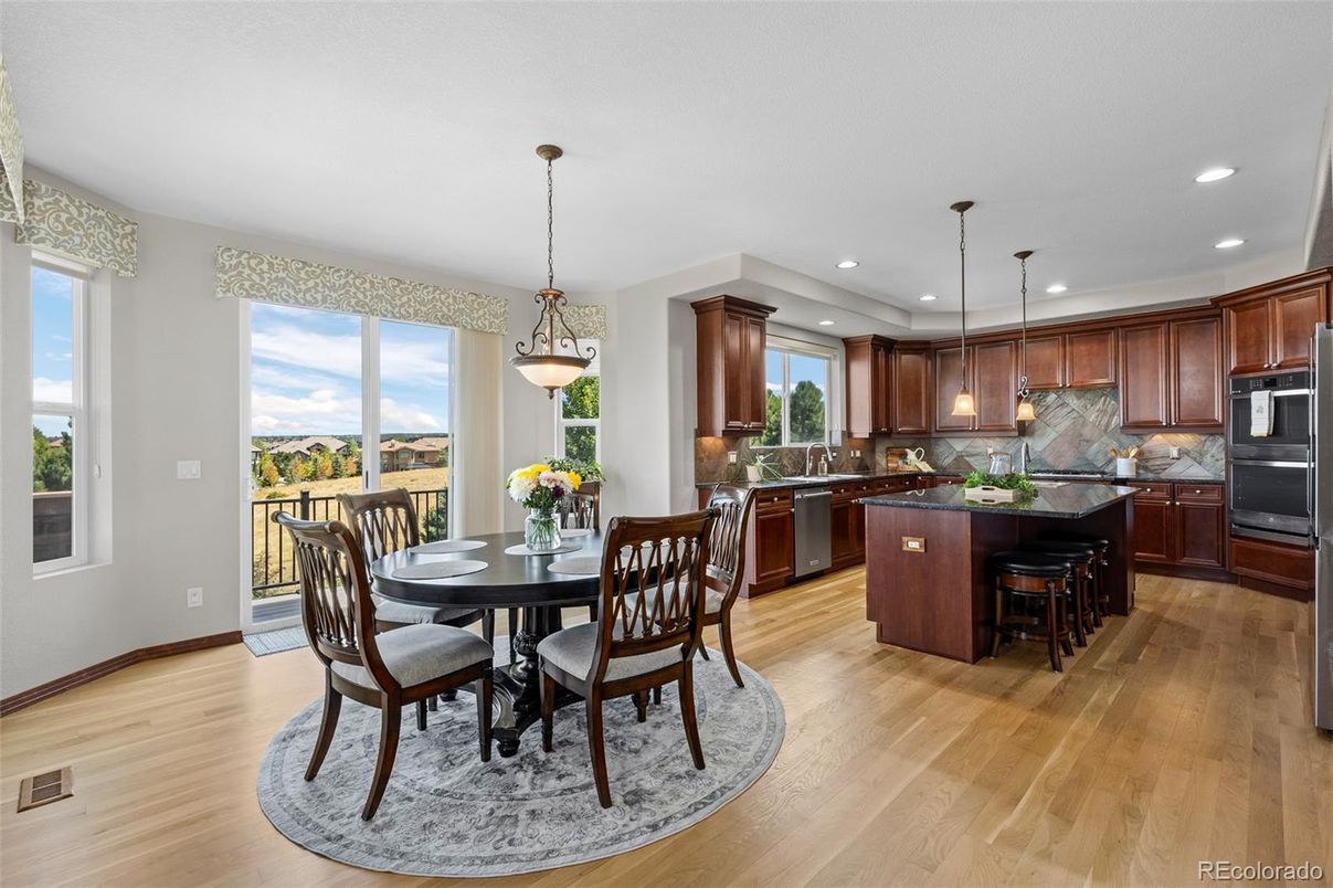 Dining room, Interior, Kitchen, Pendant Lights, Recessed Lighting, Wood Texture Flooring
