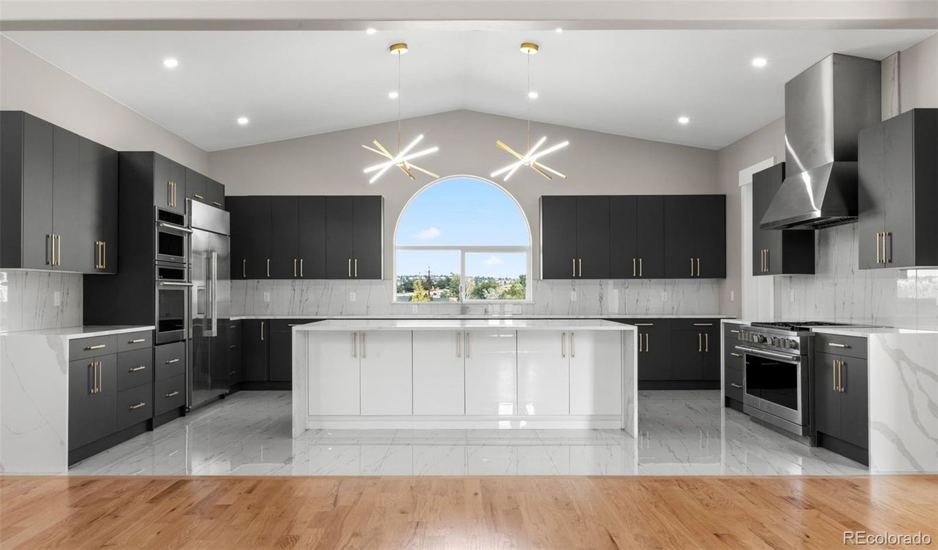 Interior, Kitchen, Marble, Recessed Lighting, Stainless Steel Appliances, Wood Texture Flooring