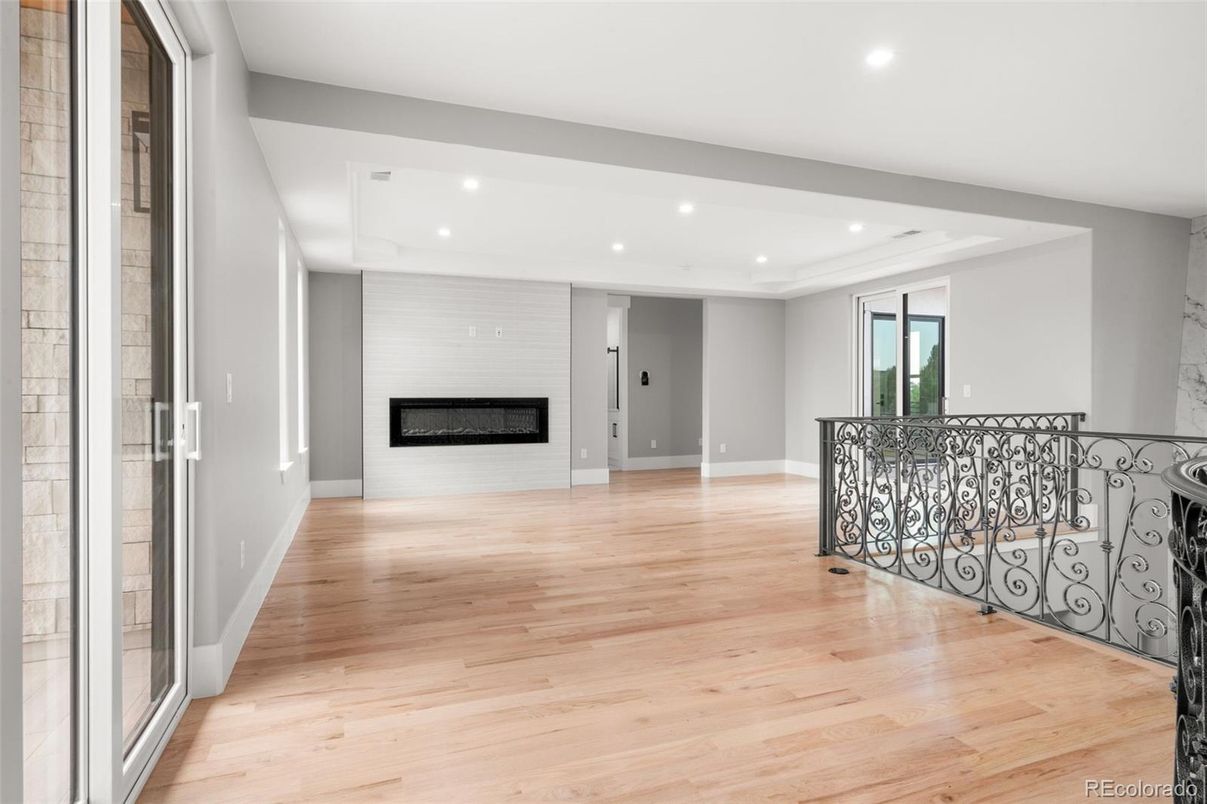 Empty room, Fireplace, Interior, Recessed Lighting, Wood Texture Flooring