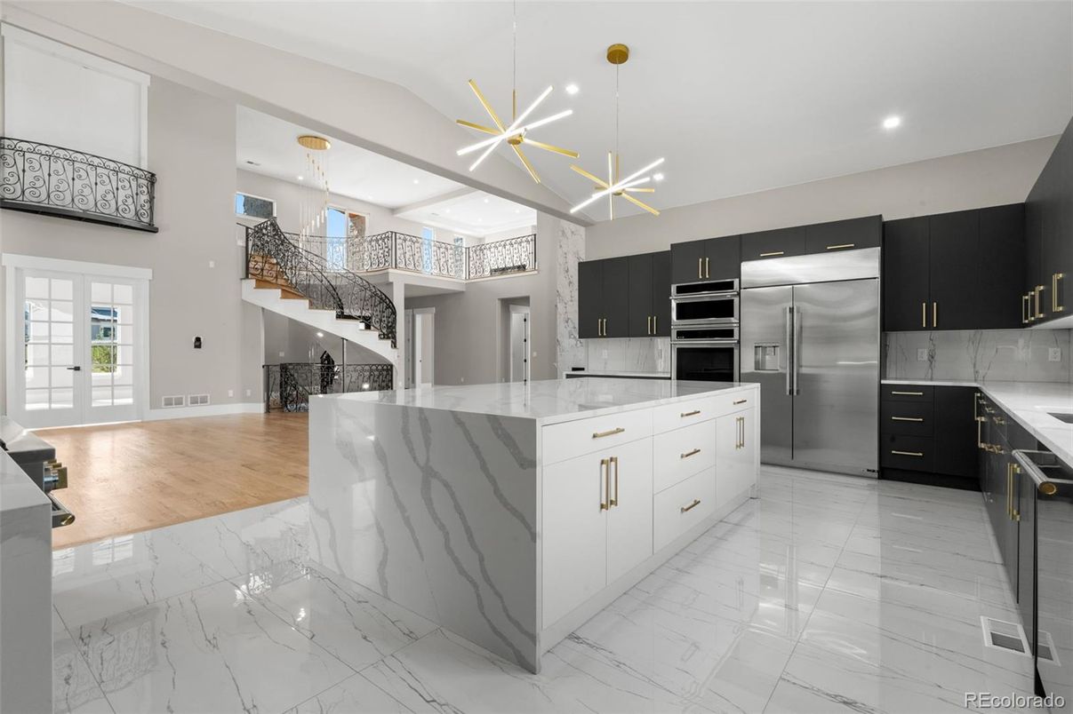 Interior, Kitchen, Marble, Pendant Lights, Recessed Lighting, Stainless Steel Appliances, Wood Texture Flooring